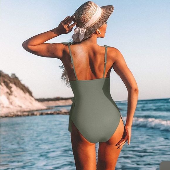 Women One Piece Swimsuit V Neck Ruffle Tummy Control Monokini Bathing Suit sz m - Picture 2 of 6